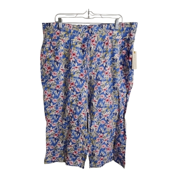 Land n sea Pants - Land 'N Sea Washable Linen Floral Pull On Wide Leg Cropped Coastal Beach Pant XL